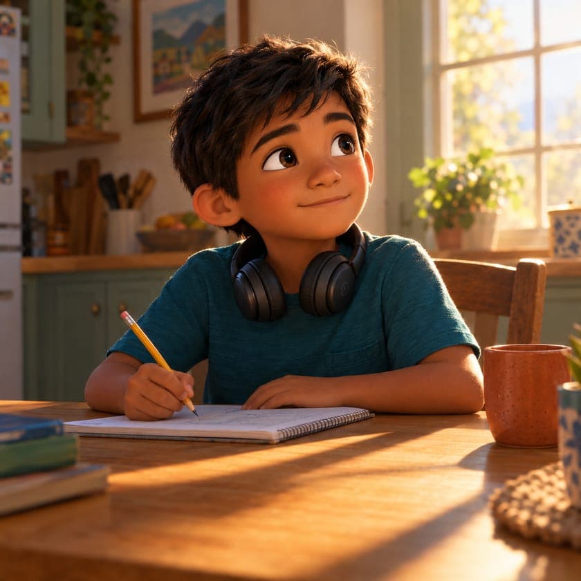 A boy with headphones around his neck writing at the kitchen table