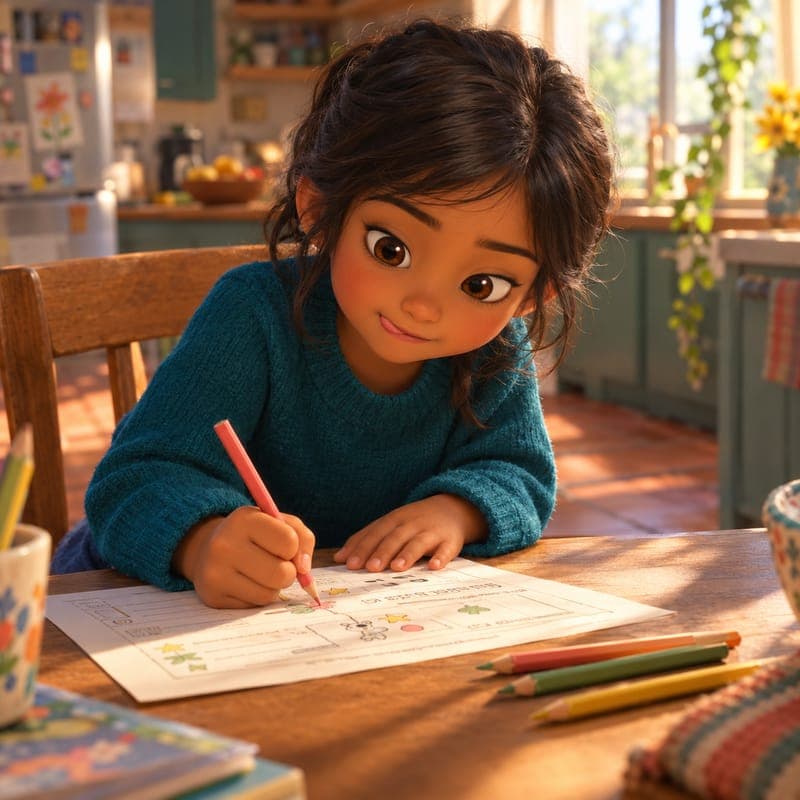A girl filling in a printed Spanish activity sheet