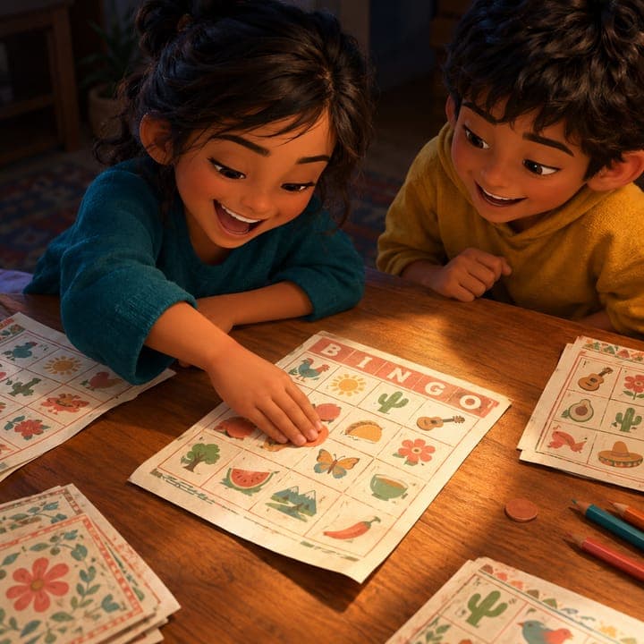Two kids playing a Spanish picture bingo game