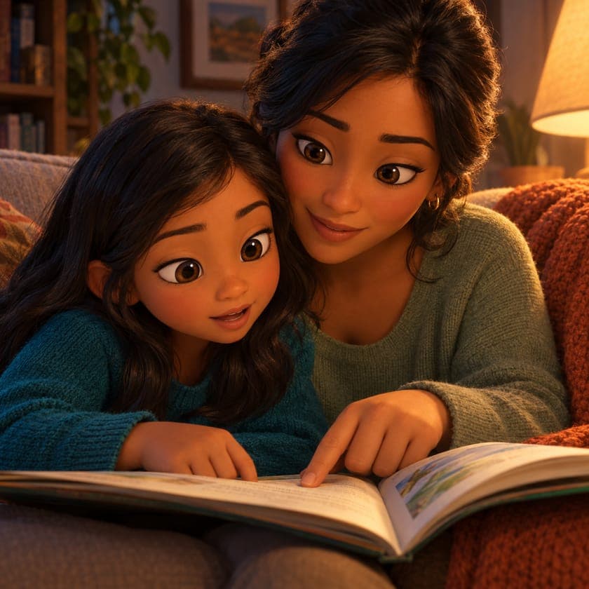 A mother and daughter reading a storybook together